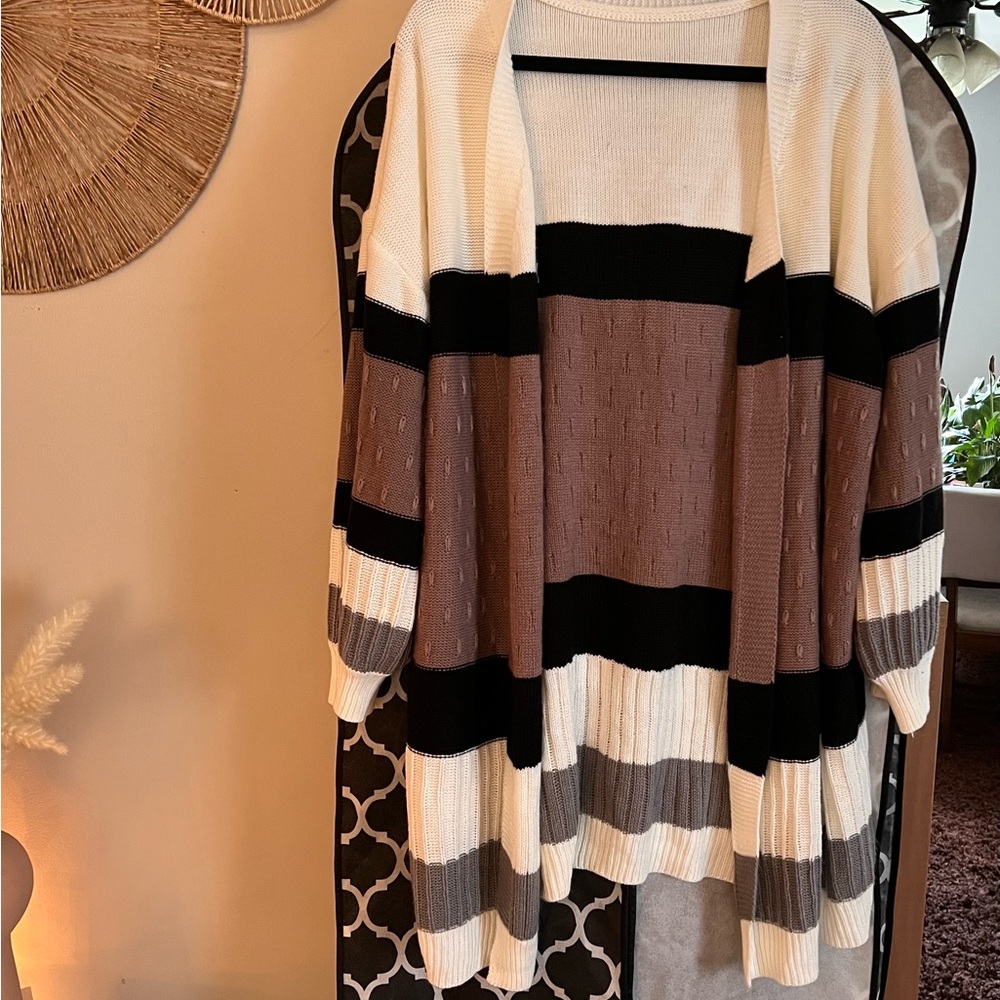SHEIN Striped Open-Front Cardigan in Cream, Mauve & Black